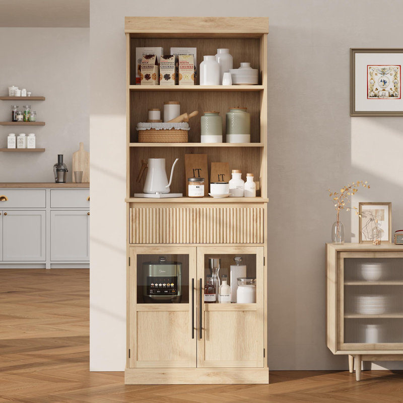Armoire de rangement de 70 po de hauteur avec tiroir, 2 portes vitrées et 3 tablettes, armoires en bois pour la cuisine, le salon, la salle à manger et le vestibule