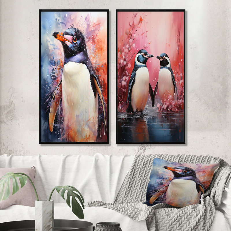 Pingouins antarctiques élégants - ensemble de salon art mural pingouin, Cadre noir, H 32 po x l 33 po