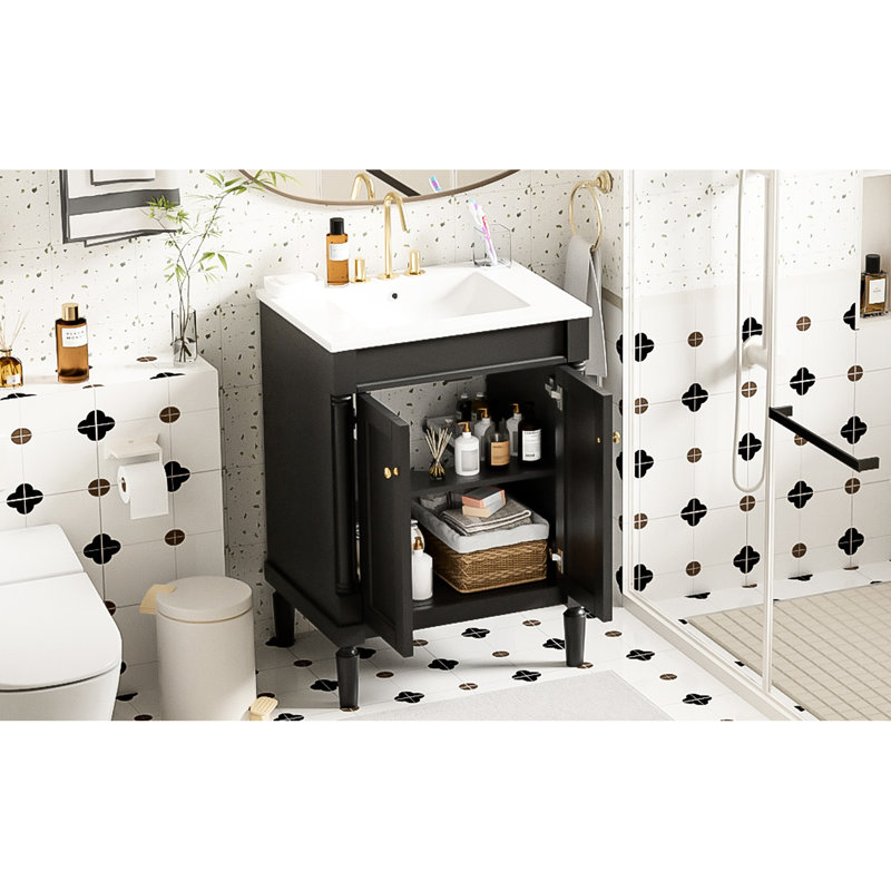 Armoire de salle de bain à simple cuve 24 po 24 po, finition noire, grande capacité de rangement moderne avec lavabo, 24 po, rectangulaire fonctionnel