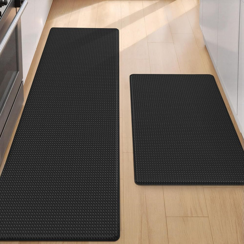 Castelford Plaid Memory Foam Kitchen Mats Ant-Fatigue Non-Skid Kitchen Rugs (Set of 2), Runner 17"x29.5" + 17"x59", Black