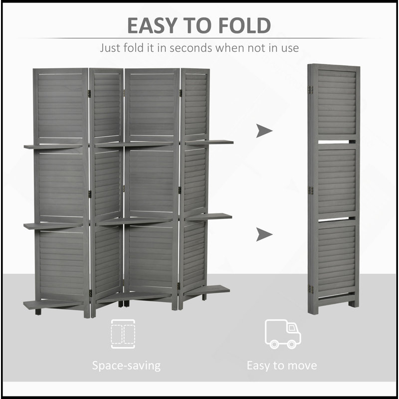 4-Panel Folding Room Divider, 5.6 Ft Freestanding Paulownia Wood Privacy Screen Panel With Storage Shelves For Bedroom Or Office, Grey