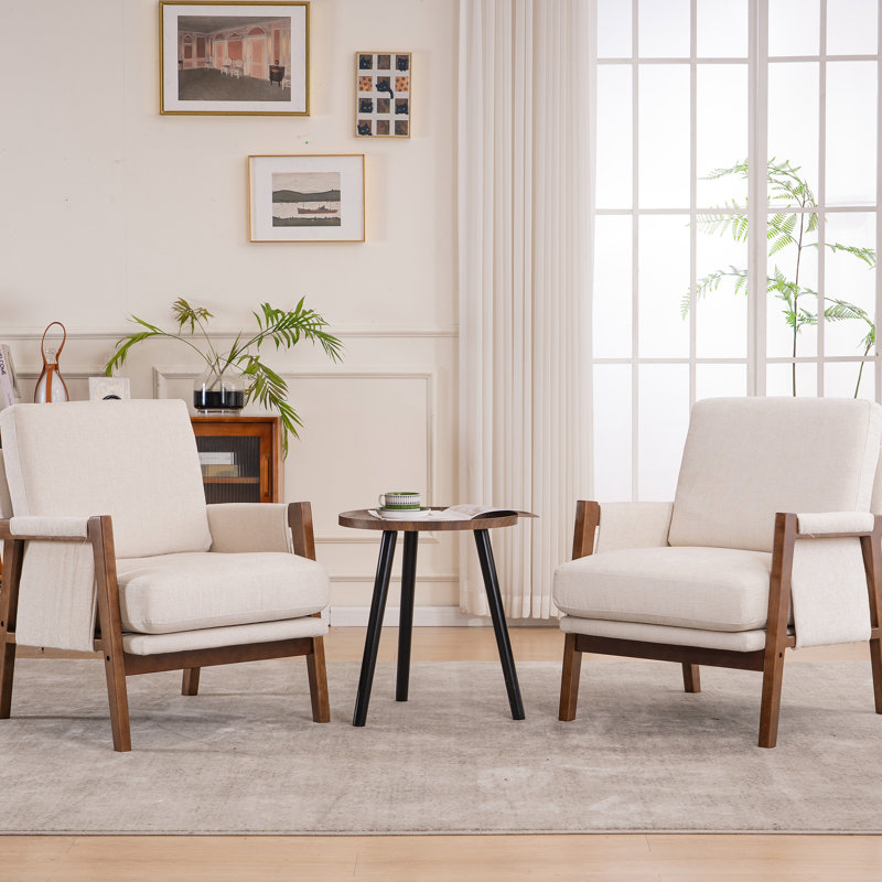 Quinze Mid Century Modern Upholstered Chenille Solid Wood Accent Armchair, Beige
