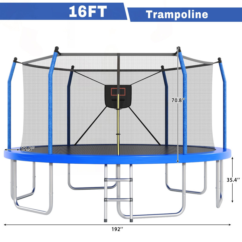 Trampoline 16 pi avec lumières DEL et panier de basketball, capacité de 1500 lb, Blue
