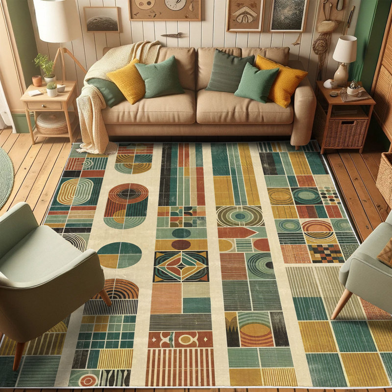 Mid-Century Modern Geometric Multicolor Synthetic Area Rug 2' 5" x 5'