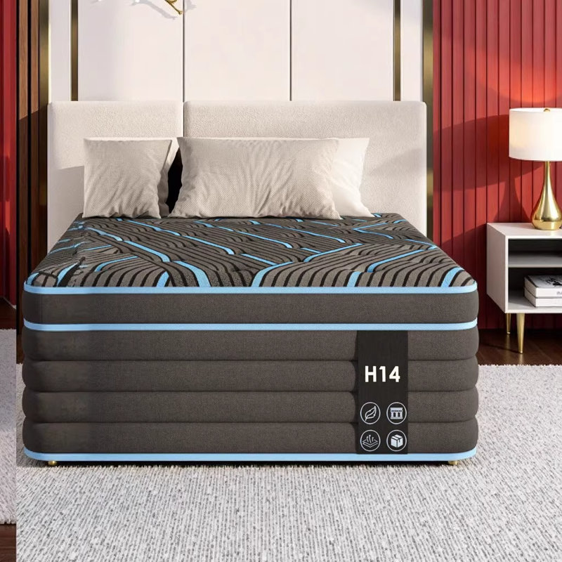 Matelas simple hybride de 12 pouces avec ressorts ensachés individuellement, support ferme moyen, mousse à mémoire de forme certifiée CertiPUR-US, noir et bleu