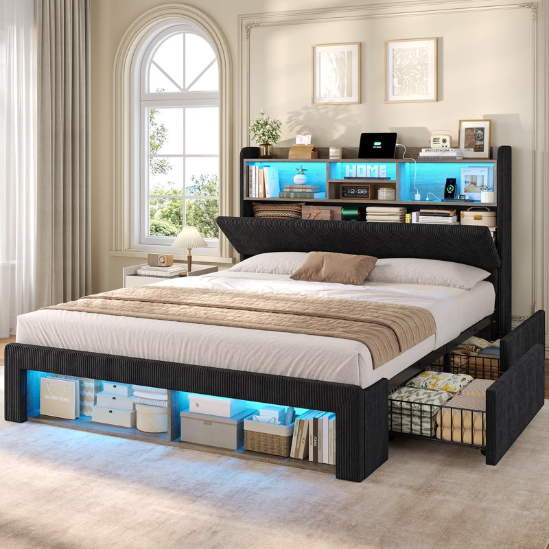 Full Upholstered Bed Frame With Spacious Storage Headboard, 5 Open Shelves, 2 Footboard Cubbies, Rgb Lights & Charging Station, No Box Spring Needed, Black