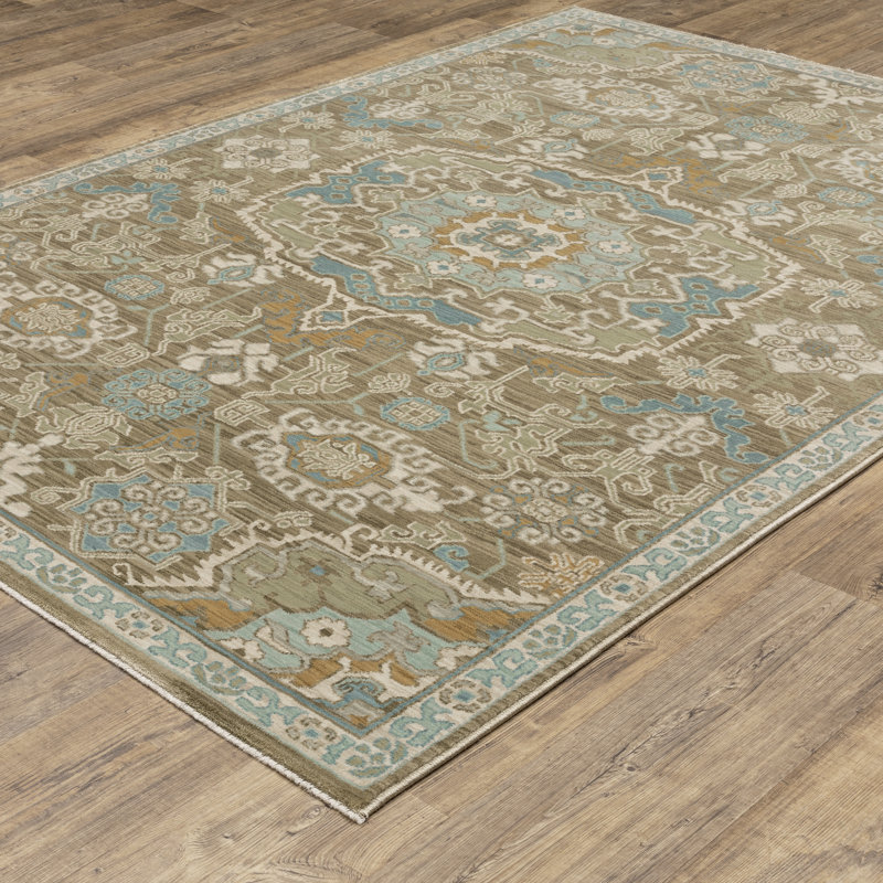 Graicyn Bohemian Medallion Brown/ Teal Area Rug, Rectangle 9'10" x 12'11"
