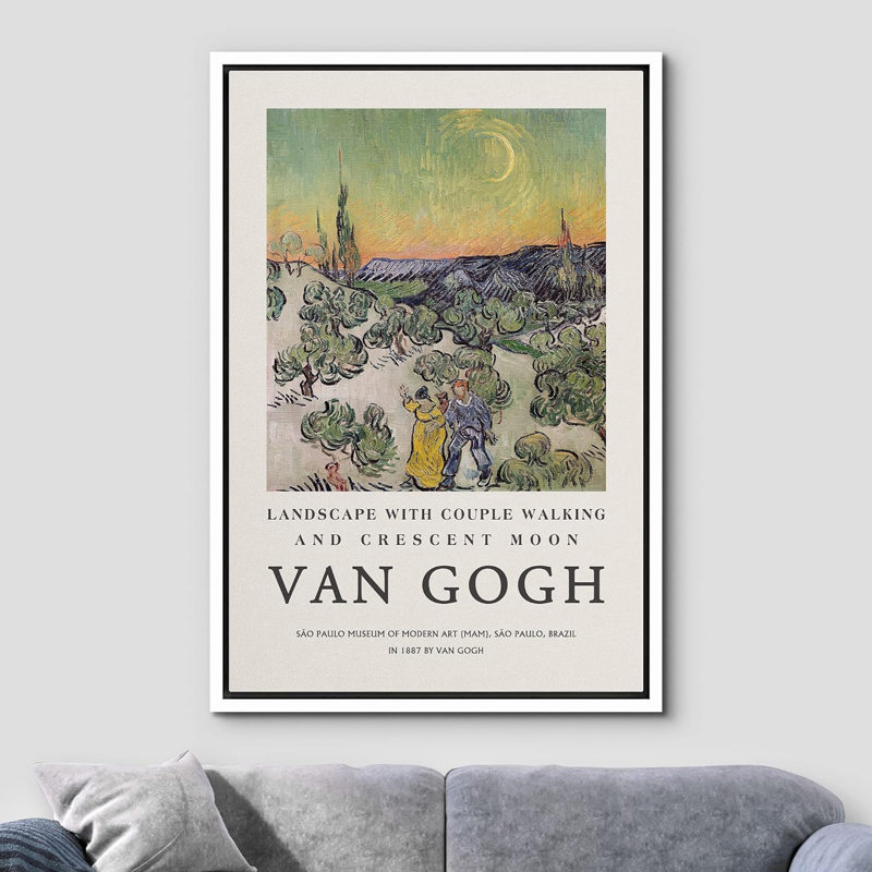 Classical Artwork Landscape Couple Walking Framed On Canvas by Vincent Van Gogh Print, 24" H x 16" W x 1.5" D, White