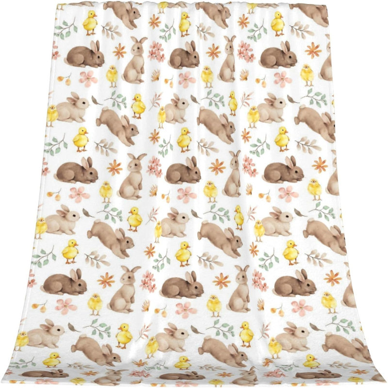 Easter Throw Blanket, Soft Flannel Bunny Blanket with Watercolor Floral Design, Lightweight Warm Easters Blanket Throw for Couch Sofa Bed, Cozy Easter Decor for Spring