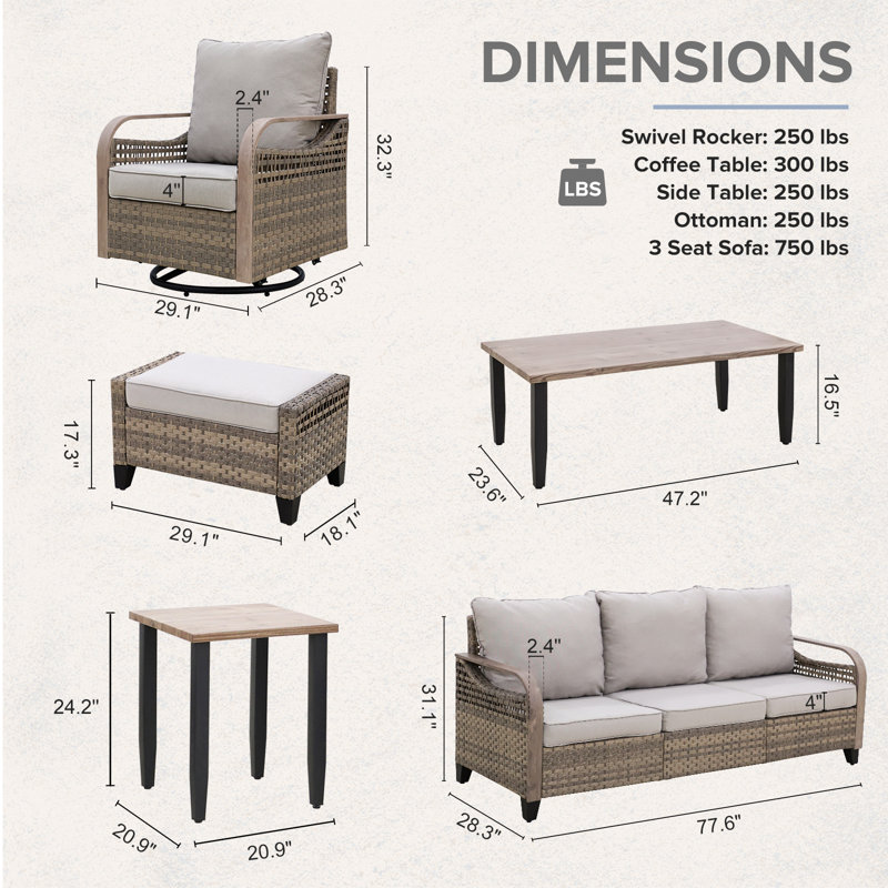 Ensemble de conversation d'extérieur pour 7 personnes avec coussins Emircan, Gris
