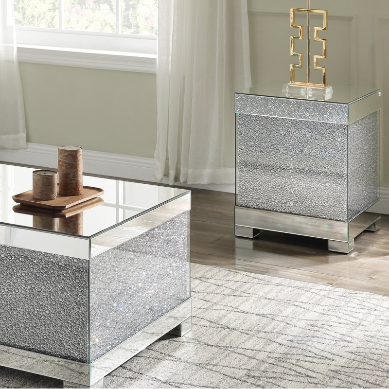 Hymir Glam Square End Table with Mirrored Glass Top in Faux Round Crystals