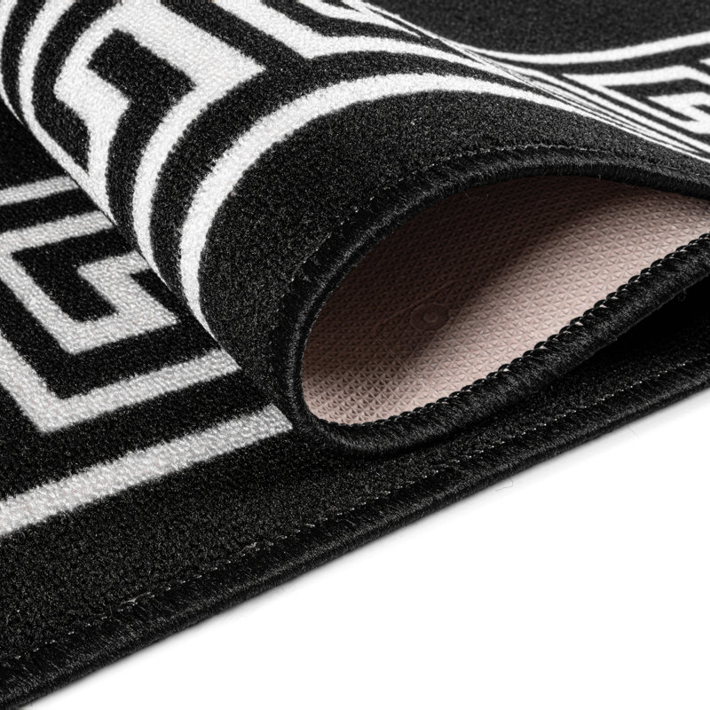 Greek-Key Black White Non-Slip Polypropylene Area Rug — Washable Door Mat & Hallway Runner for Living Room, Kitchen & Bedroom