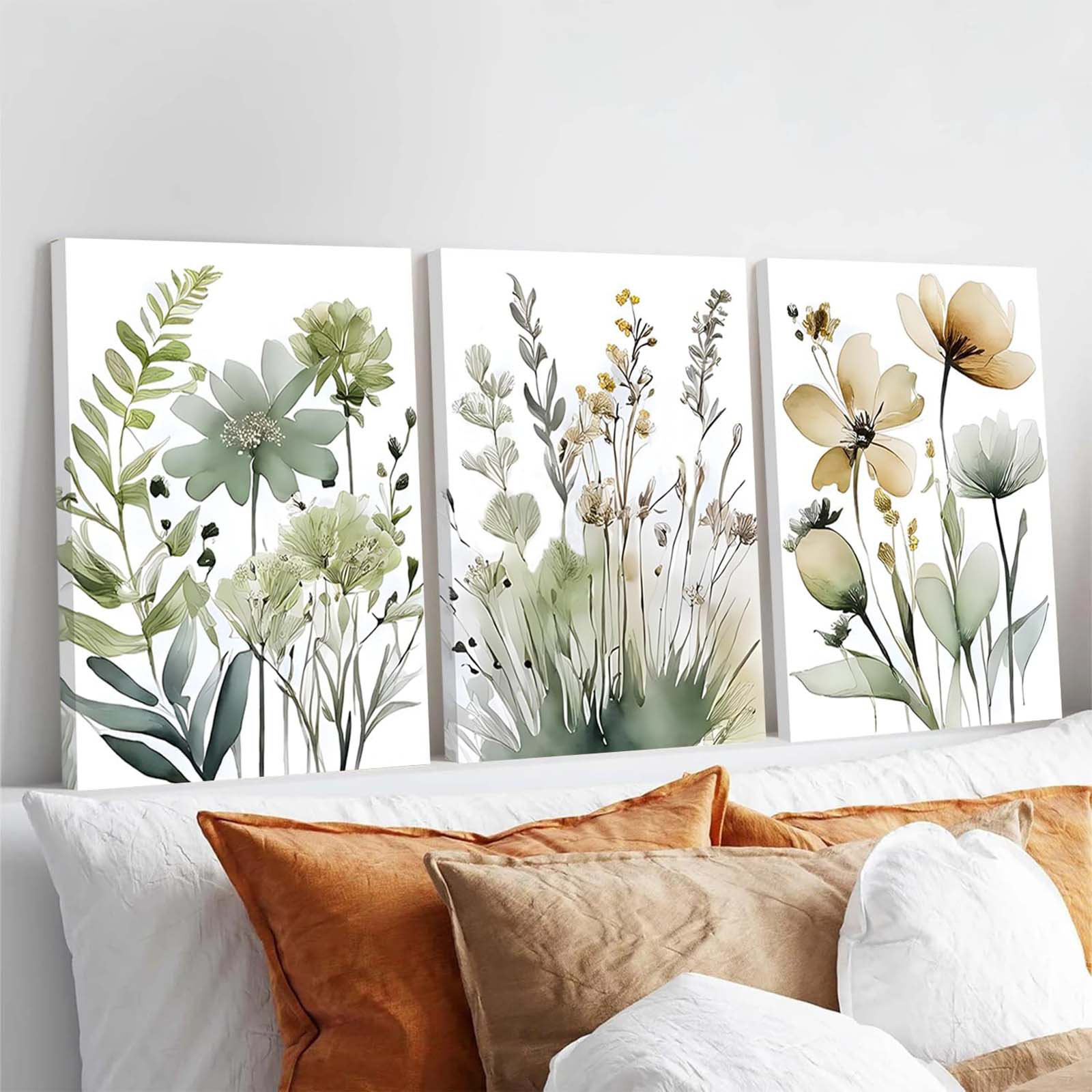 Dakota Fields Framed Sage Green Botanical Canvas Wall Art Set Of 3 Boho ...