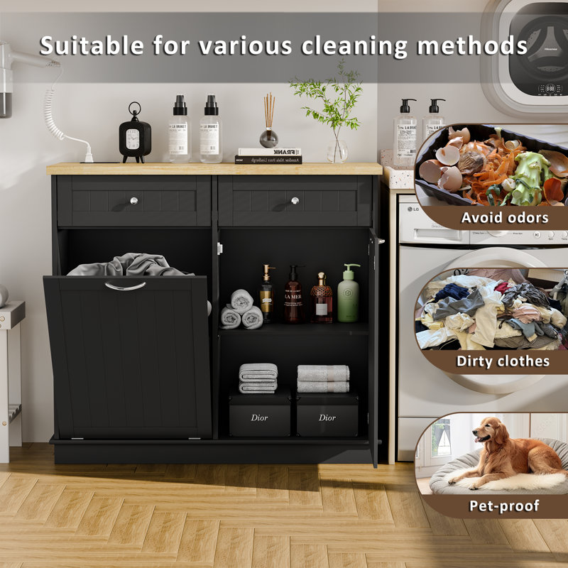 13 Gallon Tilt Out Trash Can Cabinet with Charging Station, Freestanding Hidden Garbage Can Cabinet with Adjustable Shelf, Wooden Cabinet for Kitchen and Laundry Hamper