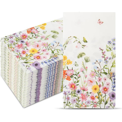 100 Pack Floral Paper Napkins, Watercolor Wildflower Disposable Guest Napkins Folded 7.9×4.3 Inch for Dining Bathroom Wedding Party Decor