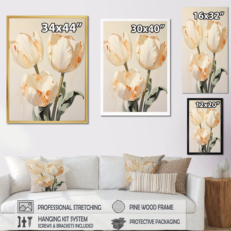 Minimalisme, symphonie de tulipes beiges sur toile, Cadre simple argenté, H 32 po x l 24 po x P 1 po