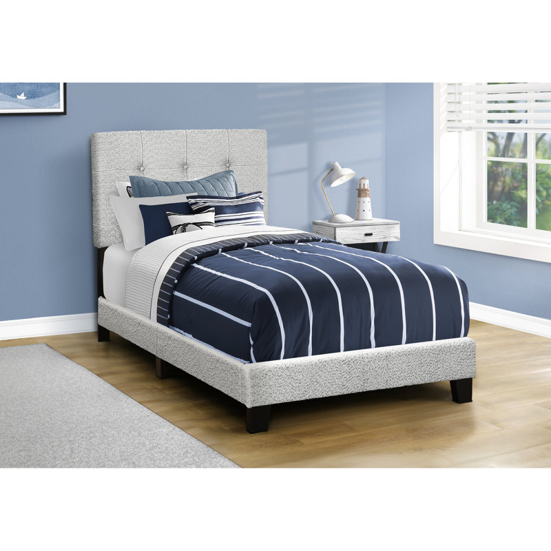 Juvenile Twin Size Upholstered Bed Frame, Transitional Style, Grey Boucle, Solid Engineered Wood, Low - Profile, , Comfortable And Easy To Assemble Boucle Upholstered, Look, Juvenile, Profile
