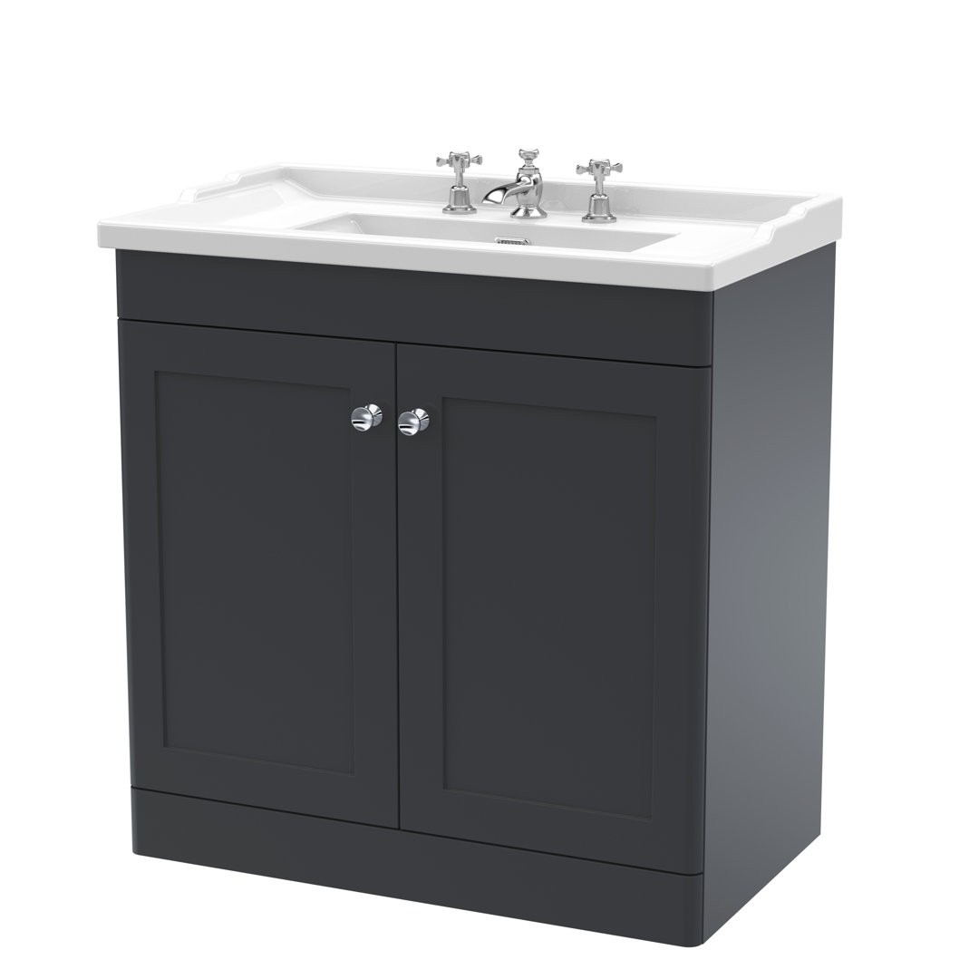 B&Q - Classique Floor Standing 2 Door Unit & 3 Tap Hole Fireclay BasinSink Vanity Unit In Soft Black With White Basin - Image 2