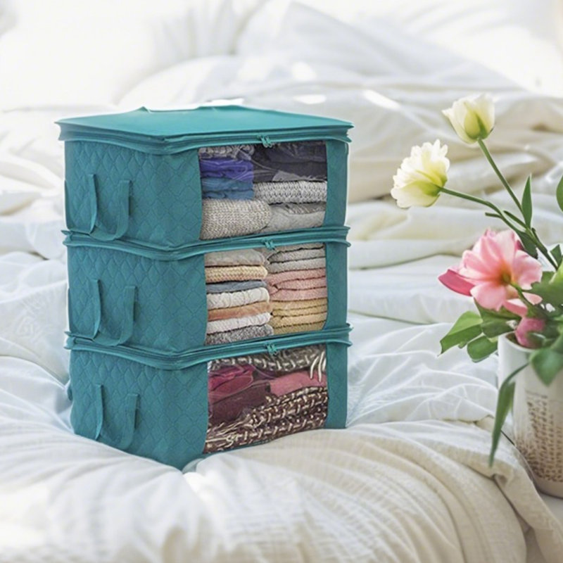 3-Pack Foldable Storage Bags with Clear Windows & Handles, Large Closet Organizers for Clothes, Blankets, Bedding, Space-Saving Blue Fabric Bins