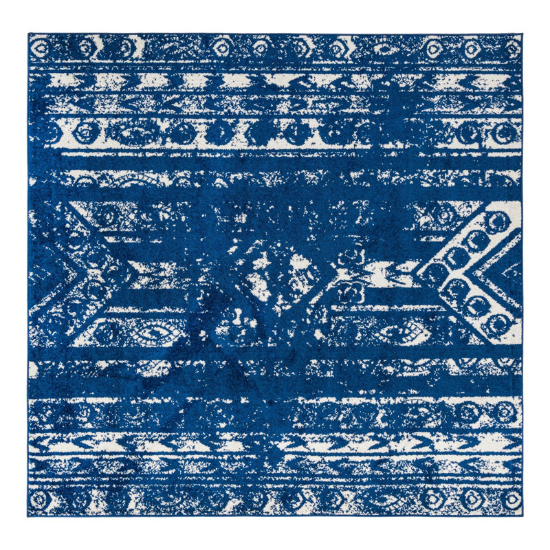 Tapis bleu marine / blanc Gusman Southwestern, Carré 7 pi