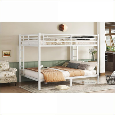 Queen Over Queen Metal Bunk Bed for Teens &amp; Adults - Space-Saving, Noise-Free, No Box Spring Needed, White