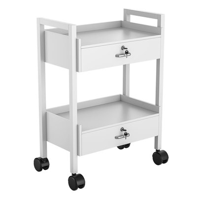 Chariot de salon, plateau de salon, armoire utilitaire mobile en bois avec 2 tiroirs verrouillables, station de rangement roulante pour fournitures médico-esthétiques et spas (2 tiroirs, blanc)