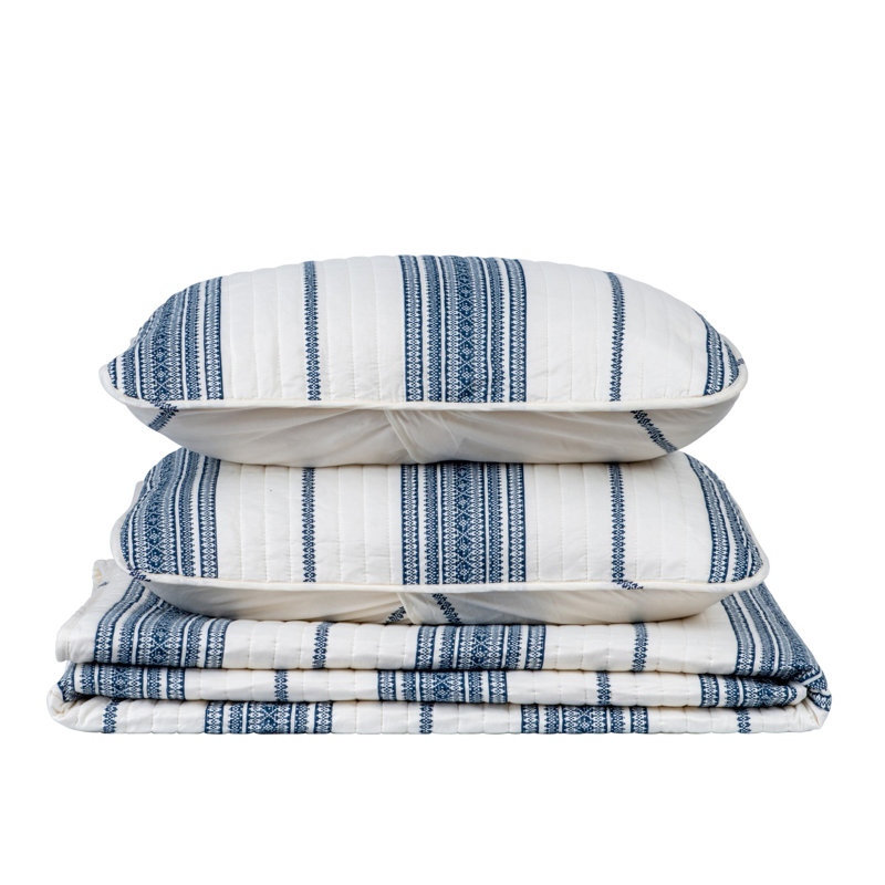 Twin White and Navy Striped Microfiber Reversible Quilt Set