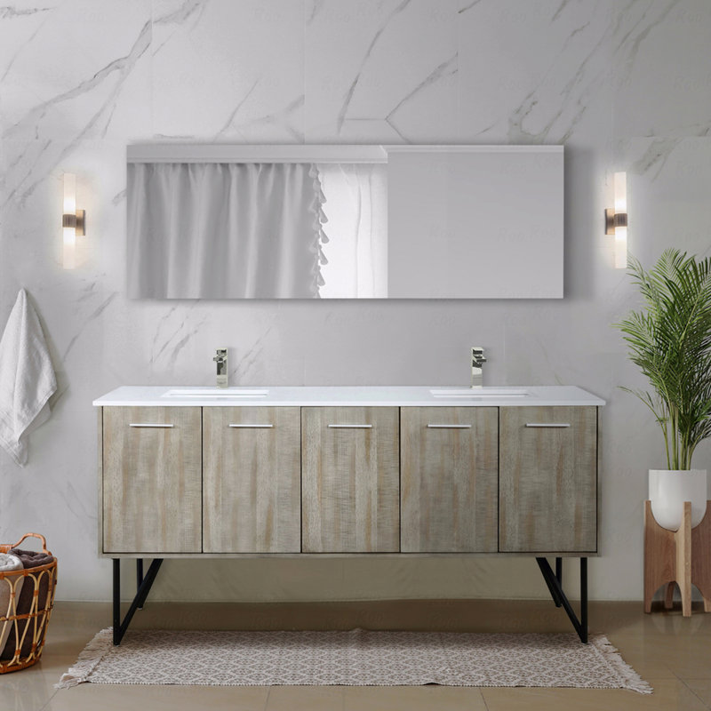 Meuble-lavabo double 72 po de largeur x 20 po de profondeur, comptoir en quartz blanc, 72", Quartz blanc