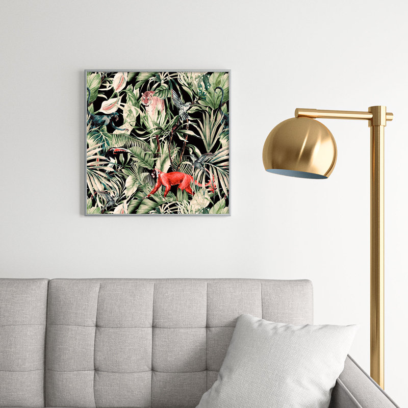 Animaux dans le noir de la jungle - Peinture sur verre encadrée, H 10 po x l 10 po x P 1 po, Argent