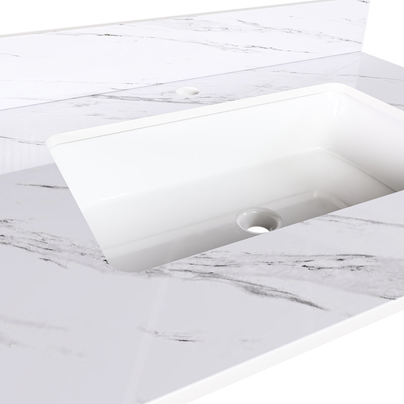 31 po. Comptoir de meuble-lavabo en pierre frittée blanche 31 po - Salle de bain avec lavabo rectangulaire, dosseret de 4 po, trous de robinet pré-percés haute performance et attrayante 31 po pour chauffer l'eau