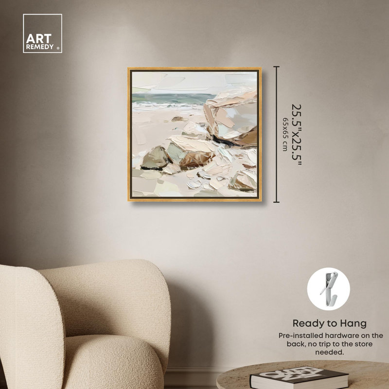Rocks By The Shore Canvas Coastal Farmhouse Wall Art by Art Remedy, Gold Framed, 25" H x 25" W