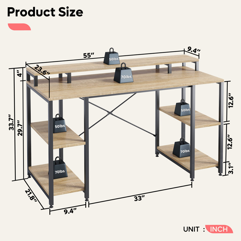 Haigh 55'' Computer Desk with Monitor Shelf, Oak/Black