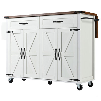 K&K 53.5''Farmhouse Kitchen Island With Power Outlet, Kitchen Storage Island With Drop Leaf, Spice Rack And Drawer, Rolling Kitchen Cart On Wheels, For Home, Kitchen And Dining Room, White