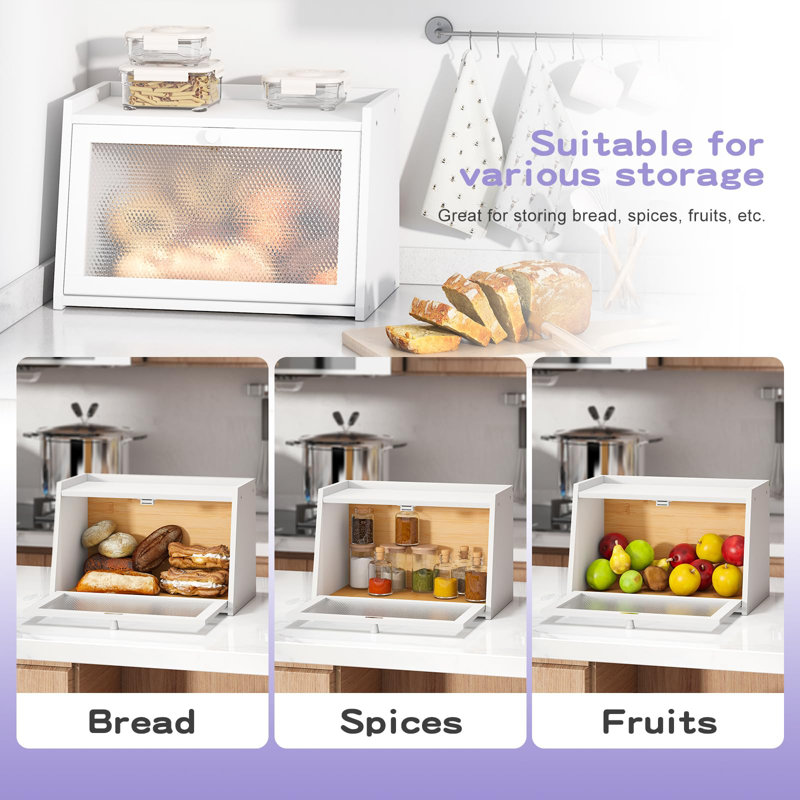 Large Farmhouse Bread Box With Window -White Natural Wood Bread Storage Container