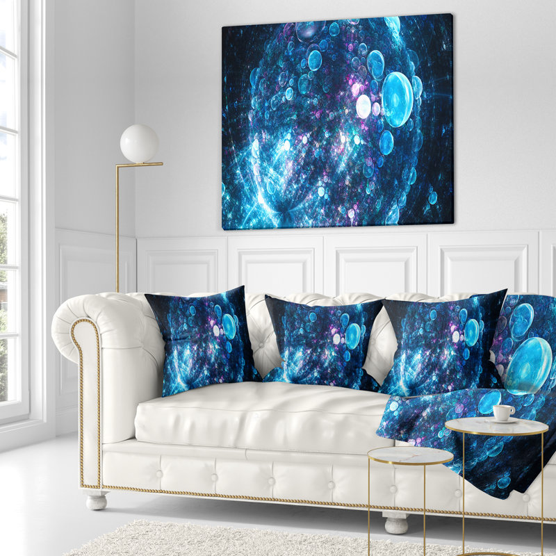 Bulles sphériques sphériques - coussin imprimé abstrait, 18 po x 18 po, Bleu / noir, Coussin décoratif