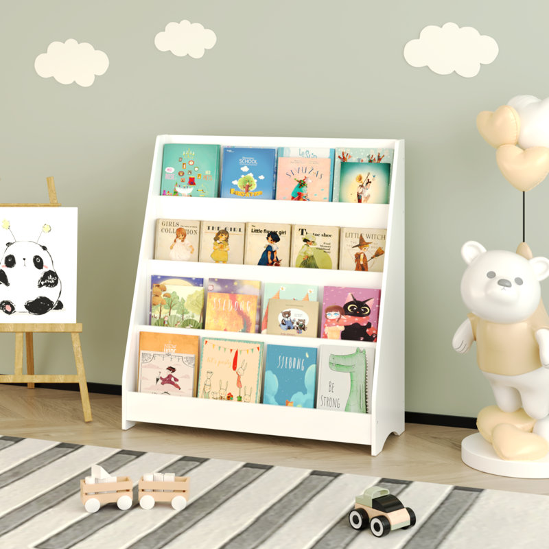 Bibliothèque à 4 niveaux, tablettes pour livres pour tout-petits, aide à organiser les chambres, les salles de jeux et les salles de classe, blanc