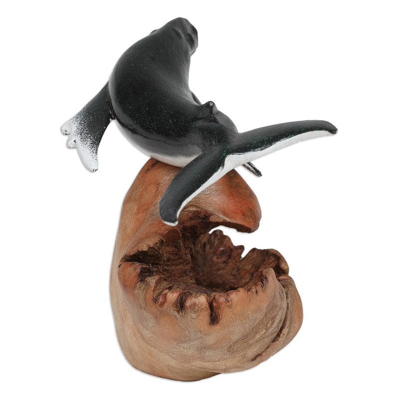 Beachcrest Home™ Handmade Grey Whale Wood Sculpture