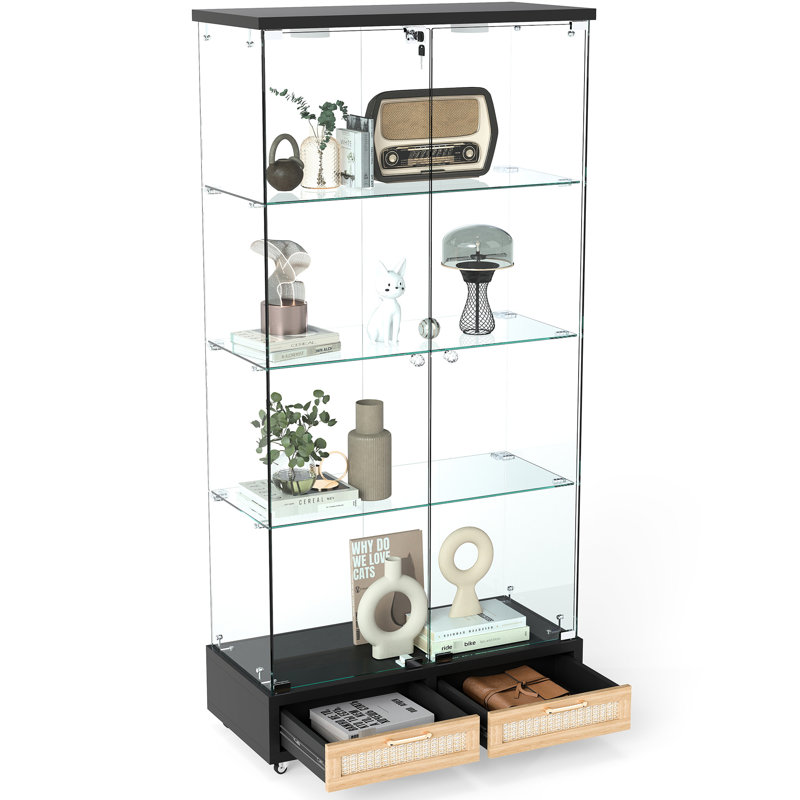 Armoire rapide à assemblage rapide, présentoir en verre à 2 portes avec 4 tablettes, noir et naturel, éclairage à DEL de 13 couleurs, pour objets de collection dans un bureau, vin