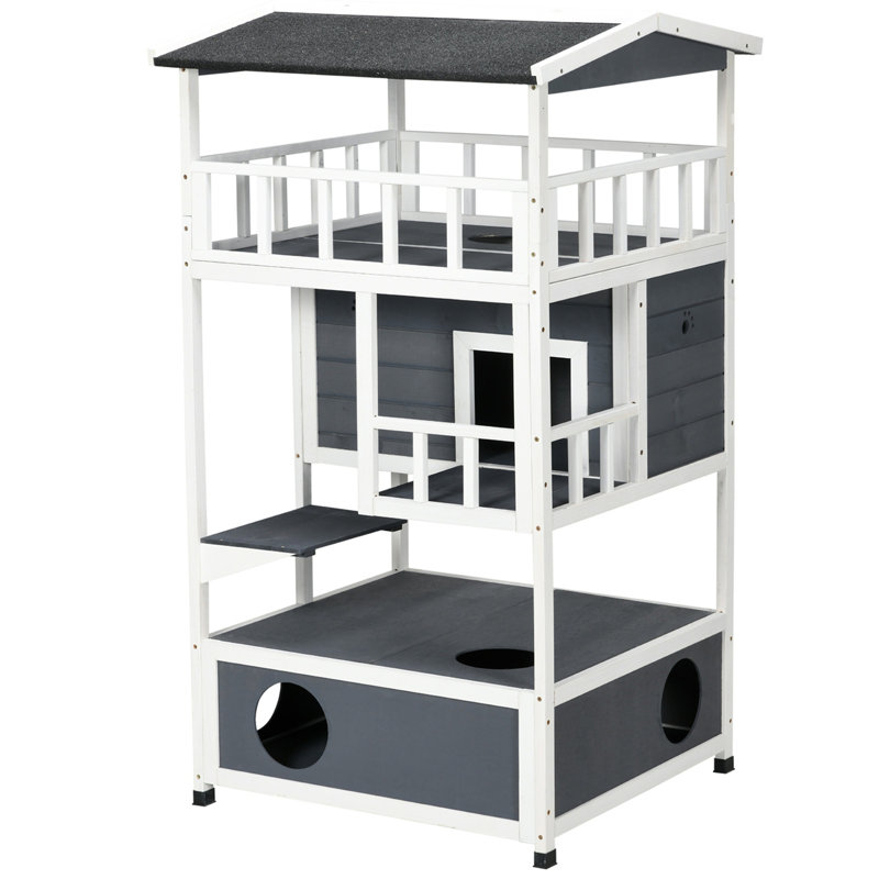 Wooden Outdoor Cat House, Gris / Blanc