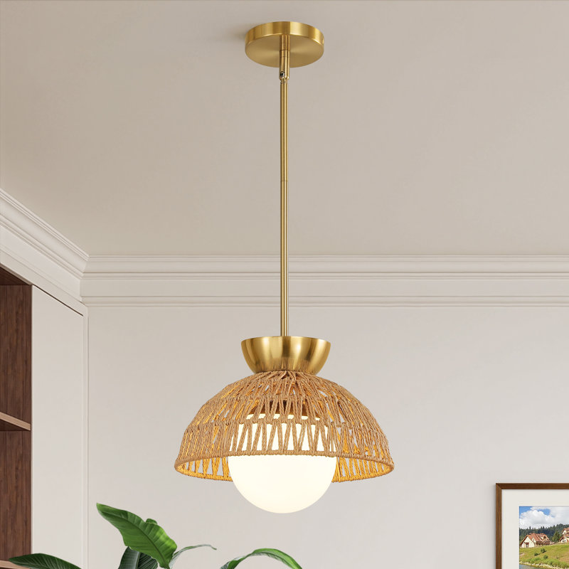 1-Light Woven Rattan Dome Pendant Light With Glass Shade, Brushed Gold