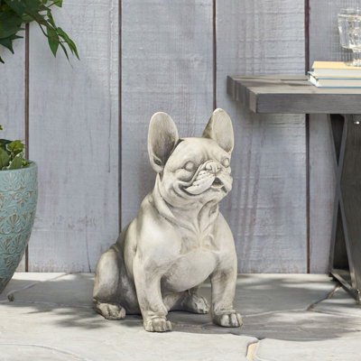 Statue de jardin de bouledogue français rustique blanc, décor de sculpture de chien pour l'extérieur en pierre, ornement de paysage de patio sans assemblage