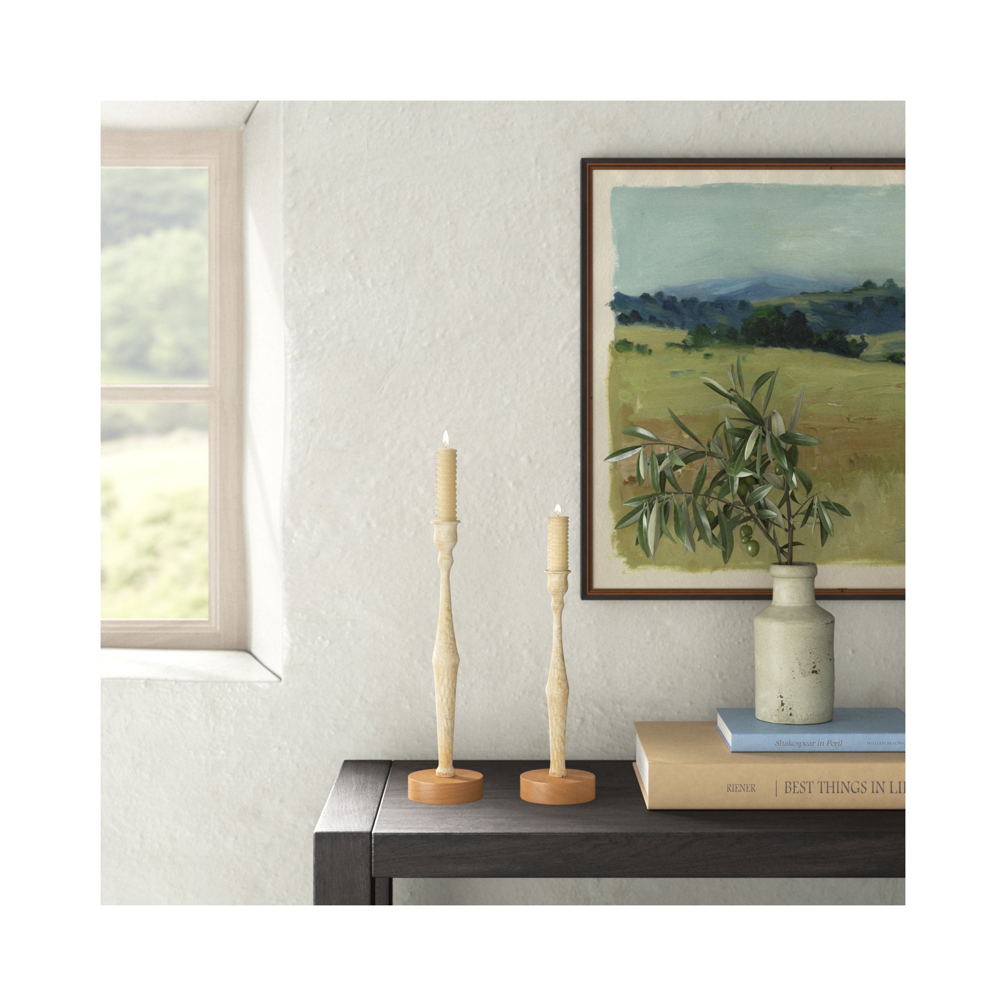 Alia 2 Piece Aluminum Tabletop Candlestick Set, Cream