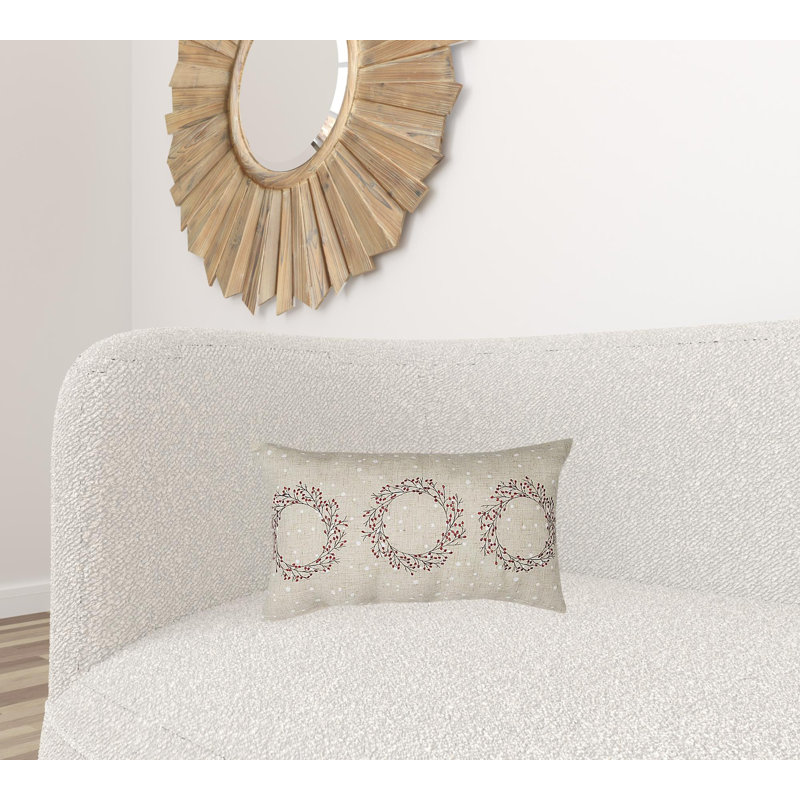 Natural Linen Embroidered Christmas Wreath Throw Pillow