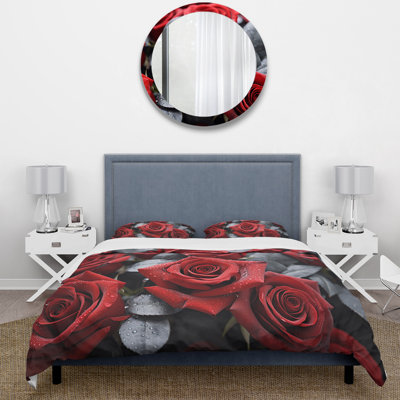 Ensemble de housse de couette à motif floral rouge - rose et gris - microfibre de polyester