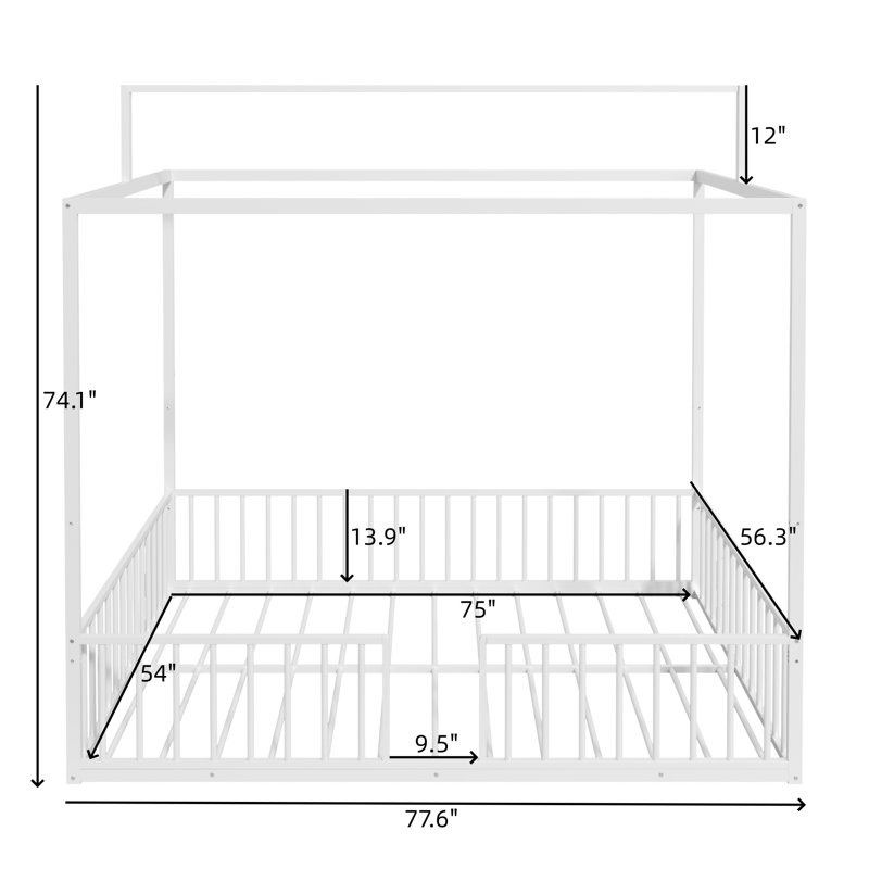 Metal Canopy Bed With Removable Fence, Full, White