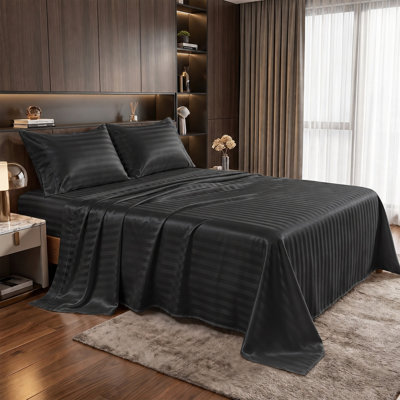 Striped Satin Sheet Set, Luxury Silky Soft Bedding, Elegant Striped Design, Cooling Breathable Sheets, Hotel-Inspired Comfort for Bedroom, Deep Pocket Fitted Sheet, (Black, King 4pc)