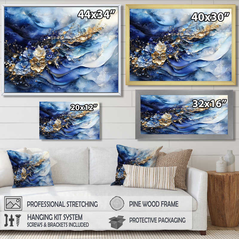 Abstrait bleu doré brise de mer - art mural côtier, H 12 po x l 20 po, Reproduction encadrée d'une seule photo sans pass
