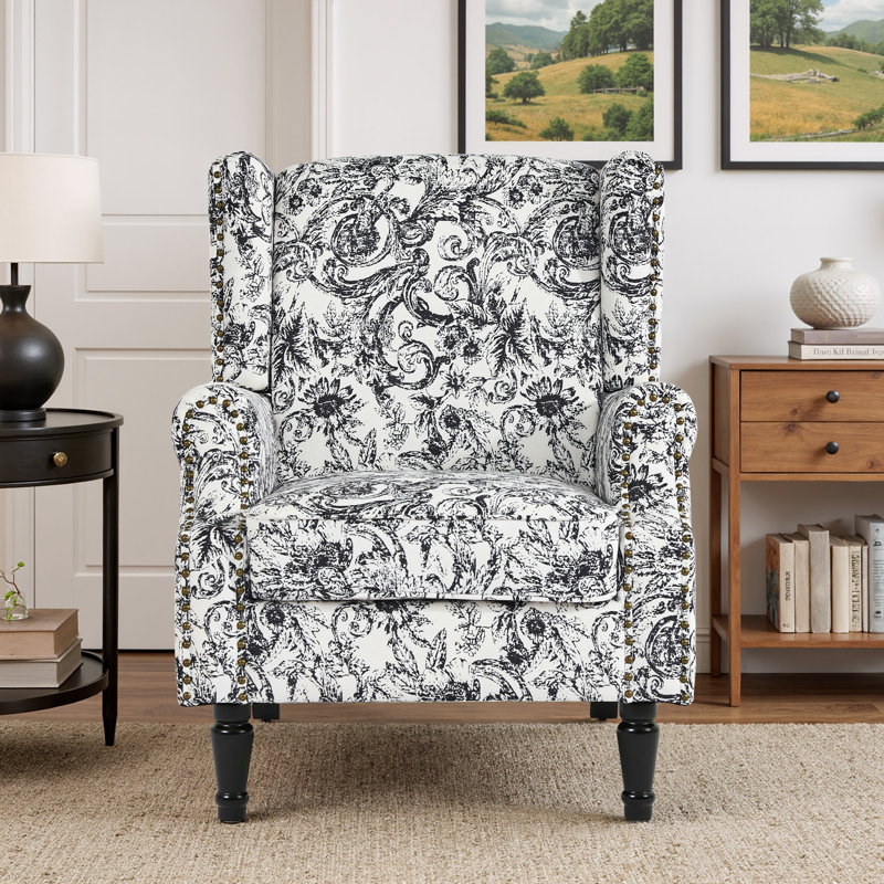 Duward Rococo Black Floral Upholstered Wingback Accent Chair With Nailhead Trim, Rococo Black