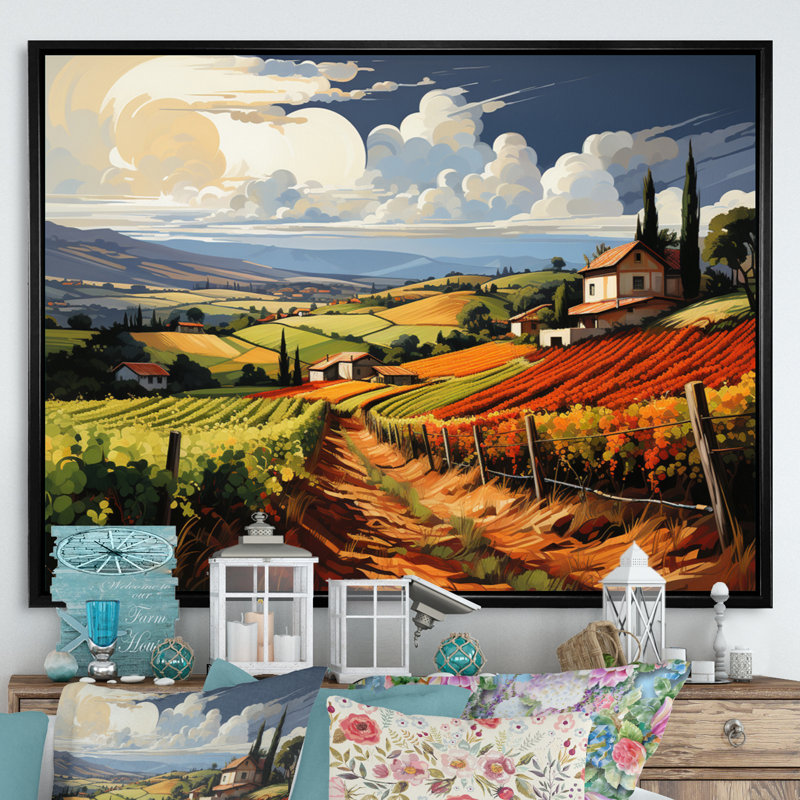 «Vineyard Rows Of Ruby Landscape», reproduction sur toile, Cadre flottant noir, H 30 po x l 40 po x P 1,5 po