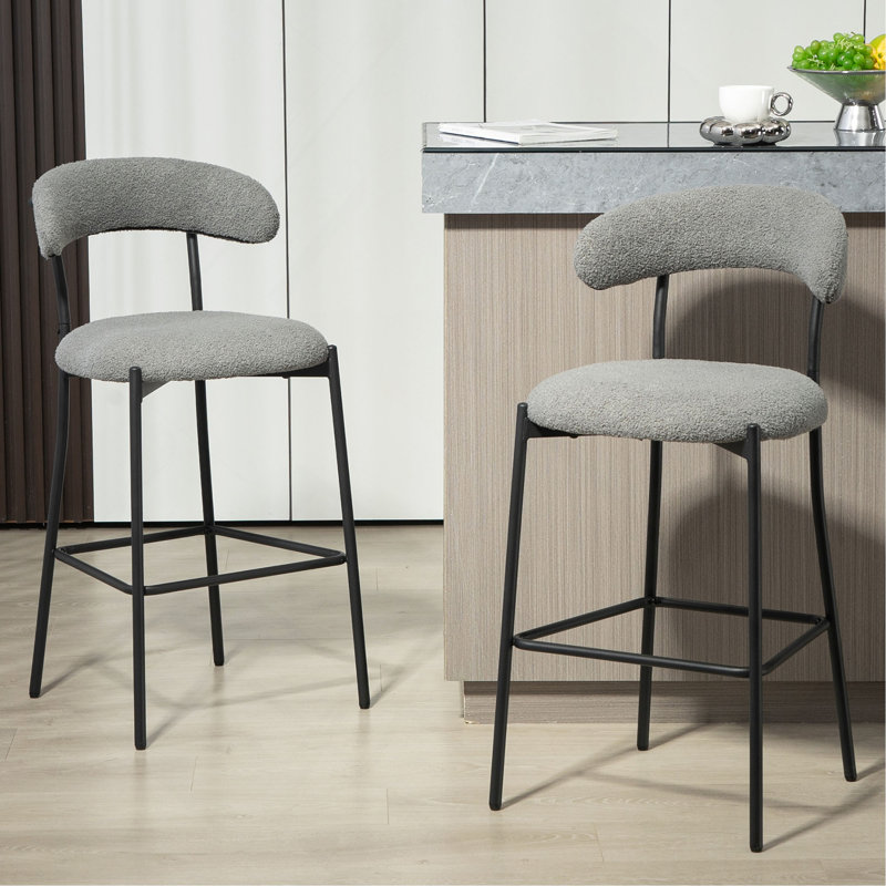 Tabouret de bar à hauteur de comptoir avec îlot de cuisine avec base thermolaquée noire et repose-pieds, Gris